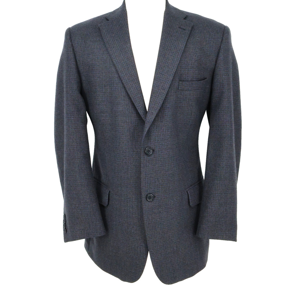 Tom James Sport Coat Mens 44L Navy Blue Plaid Wool Jacket Lined Blazer Preppy